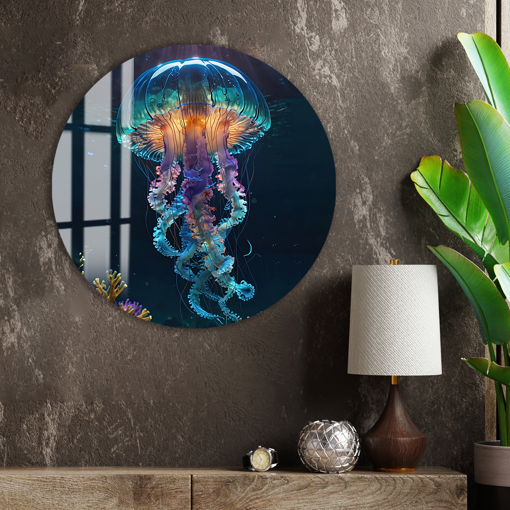 Aquatic jellyfish glass artwork with colorful coral accents.