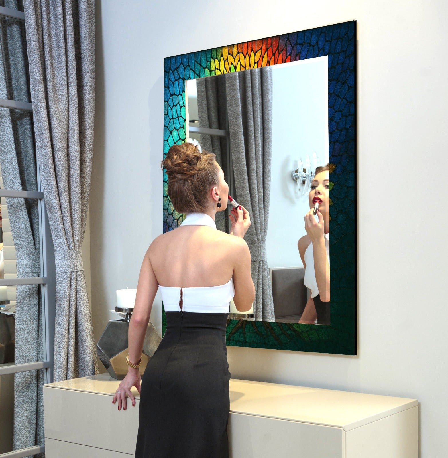 Artistic rainbow mosaic tempered glass mirror, vibrant decorative wall decor.