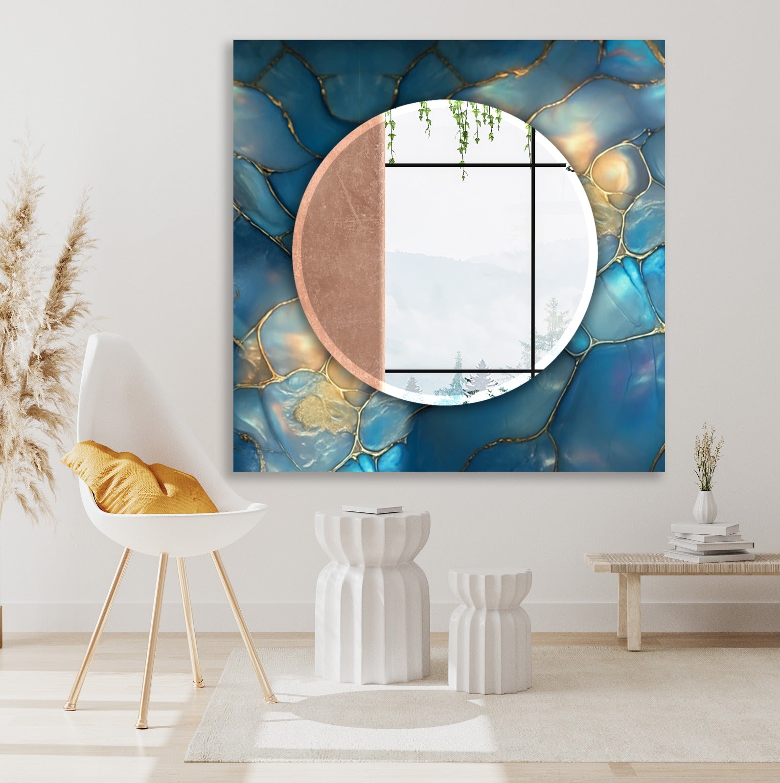 Blue gemstone pattern glass mirror, rectangular wall art design with elegant frame.