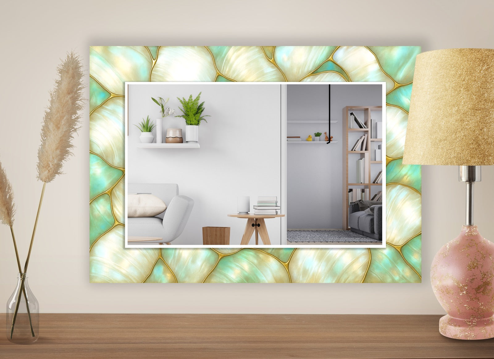 Blue tempered glass mirror with leaf pattern, modern wall art design