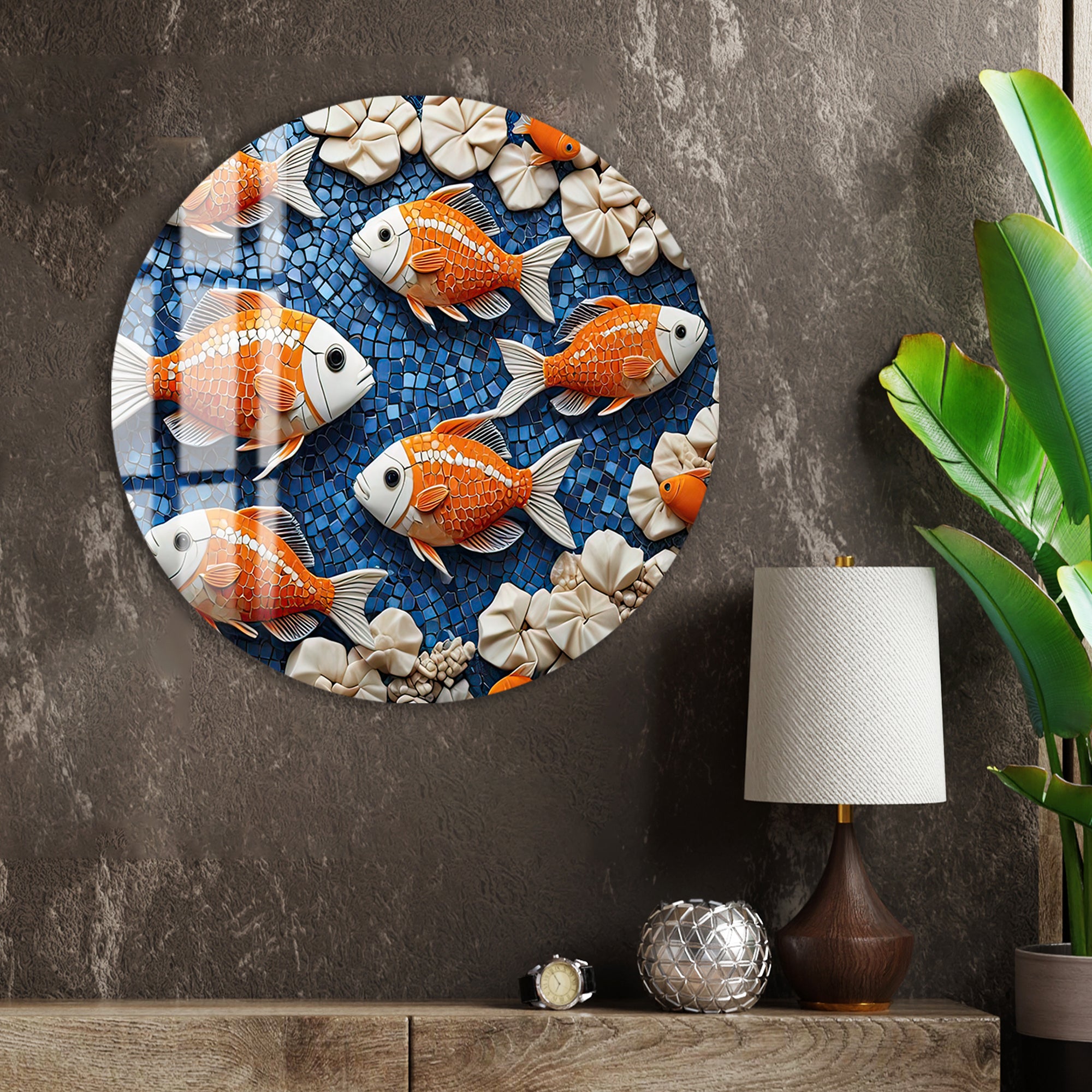 Decorative koi fish swimming design on tempered glass