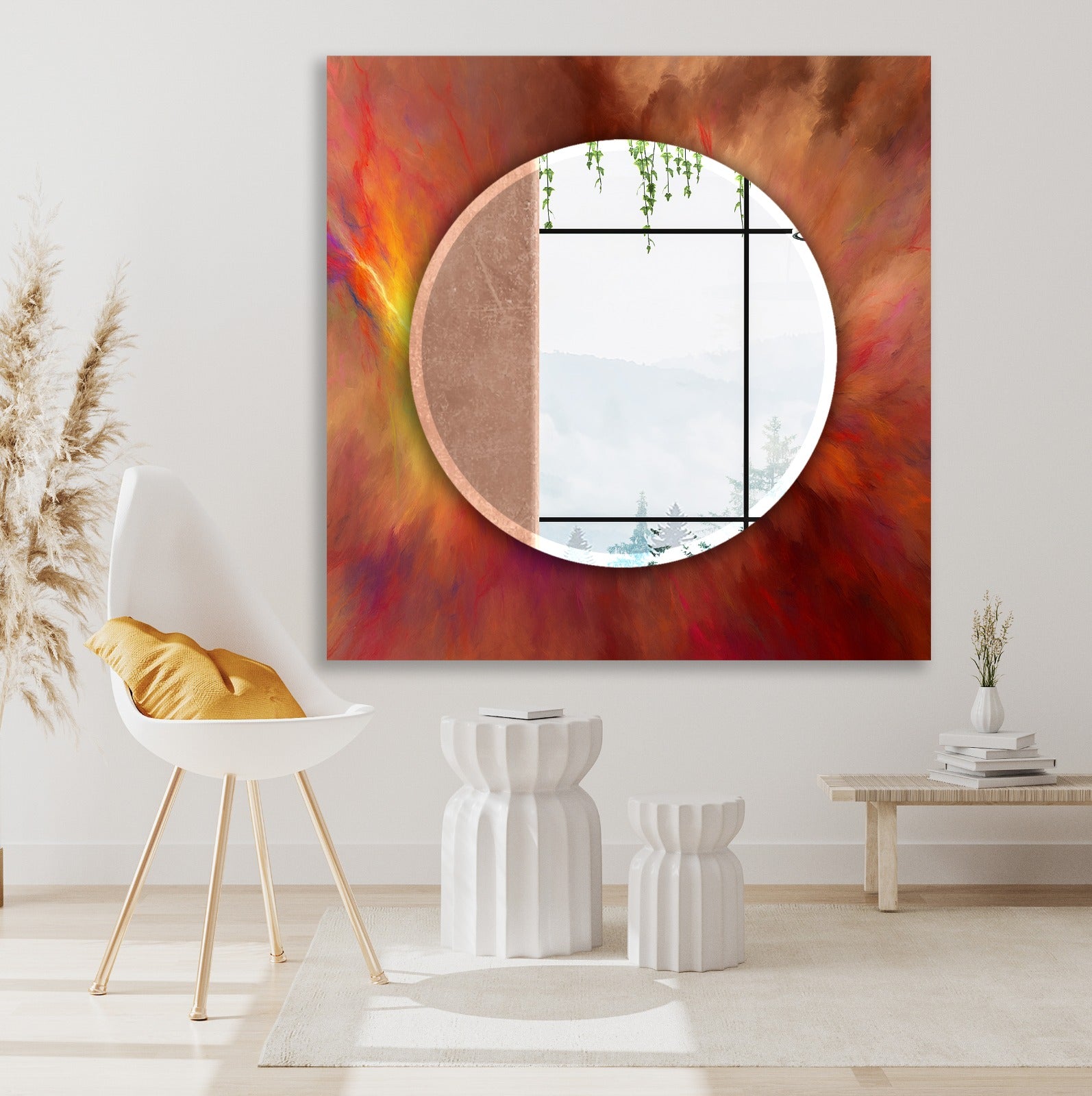 Decorative wall mirror featuring a bold red bronze frame, perfect for contemporary interiors.