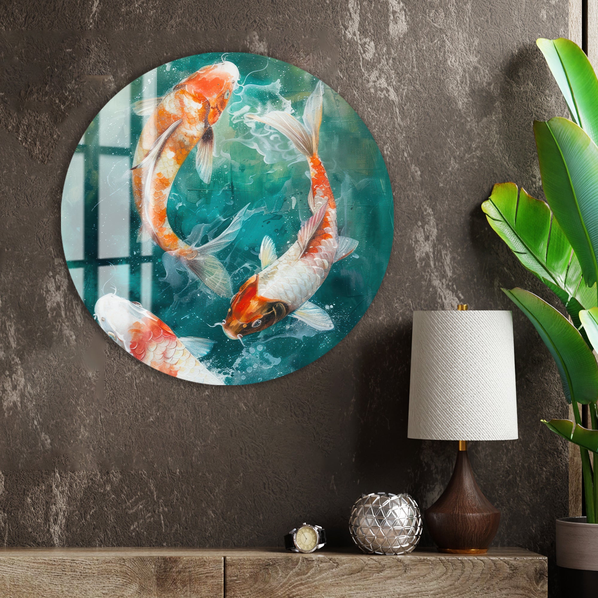 Detailed koi fish glass print with turquoise background.