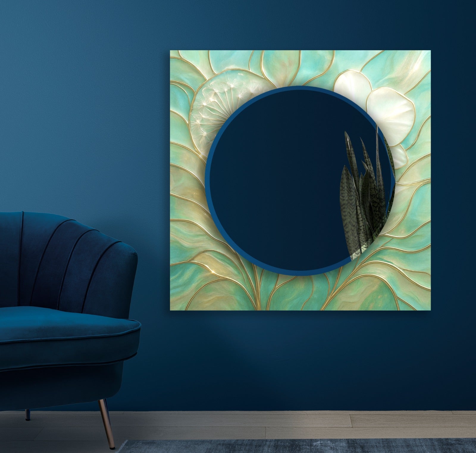 Elegant UV printed glass mirror with gold details, contemporary wall art decor.