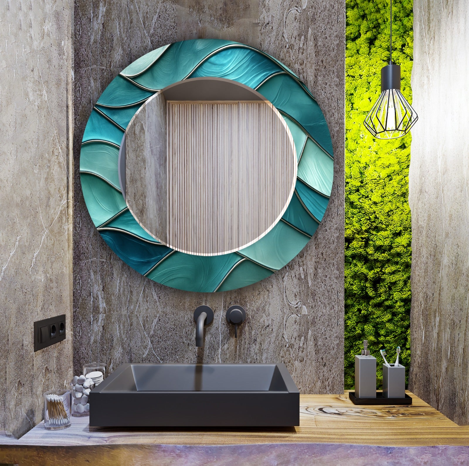 Elegant blue wave tempered glass mirror, perfect for bathroom or living room walls.