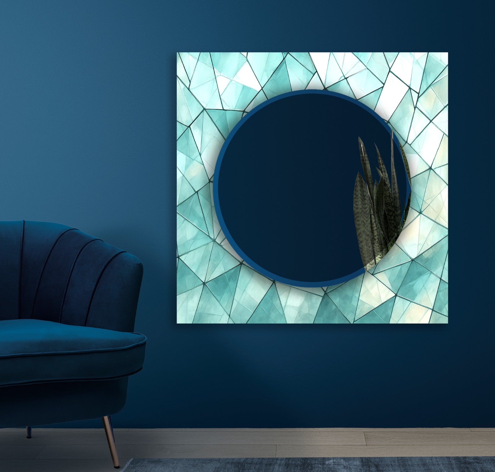 Elegant decorative glass mirror featuring teal geometric design for home interiors.