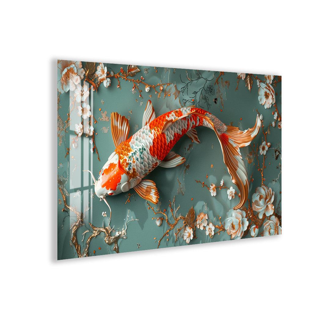 Elegant koi fish glass wall art with floral details