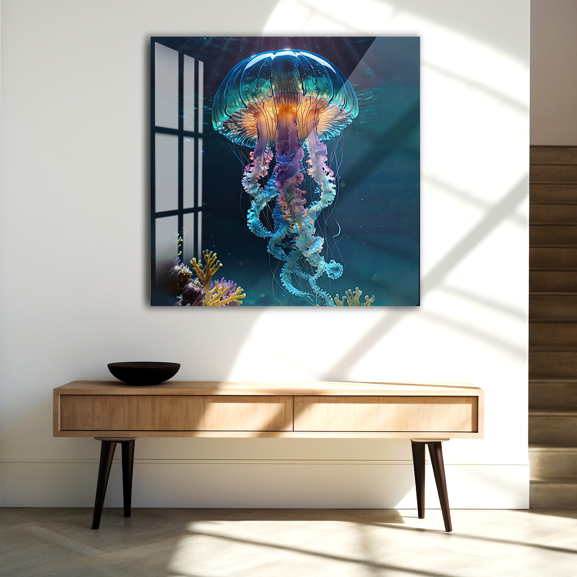Elegant ocean-inspired wall decor featuring a luminous jellyfish.
