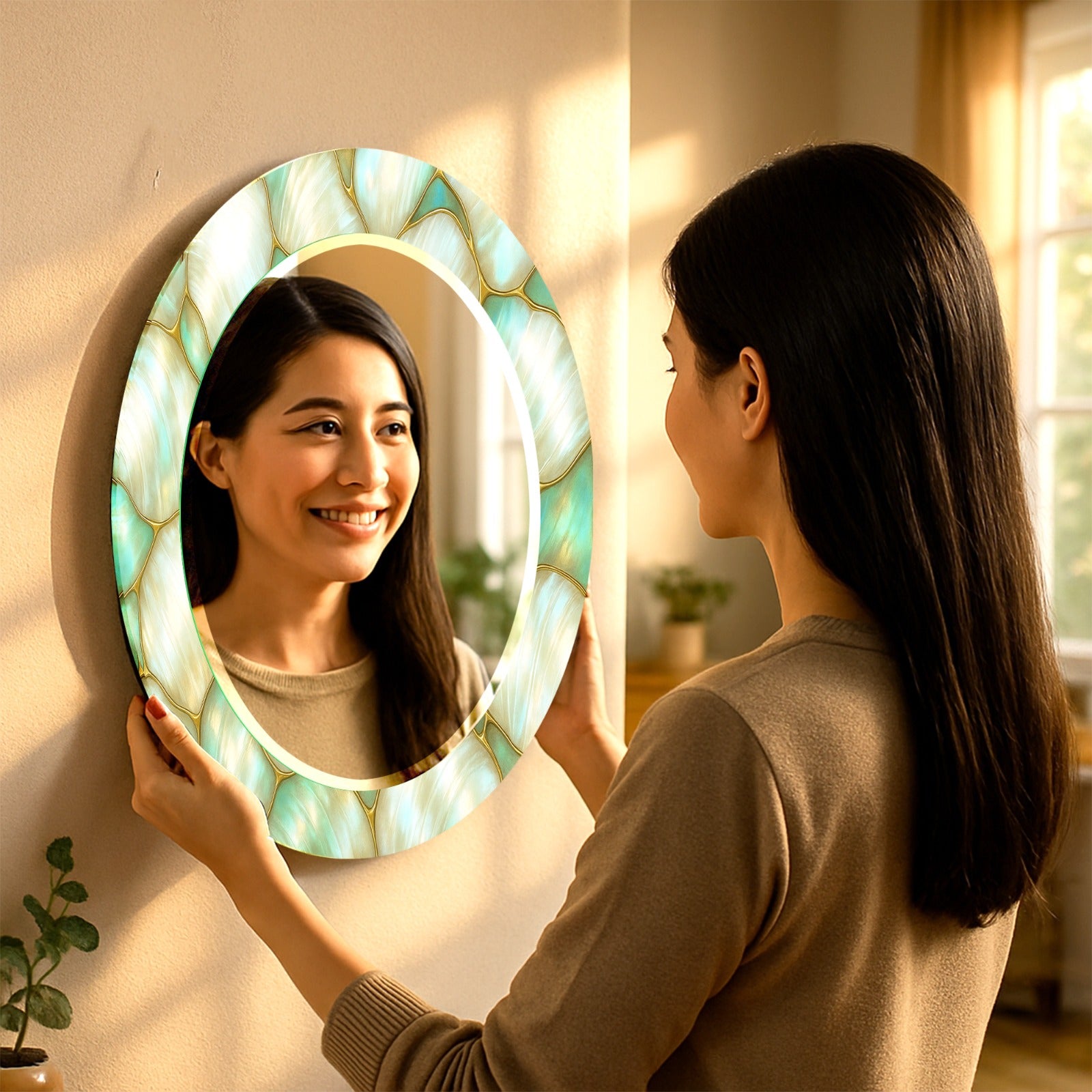 Elegant oval tempered glass mirror with teal and gold leaf artwork, decorative home wall decor.