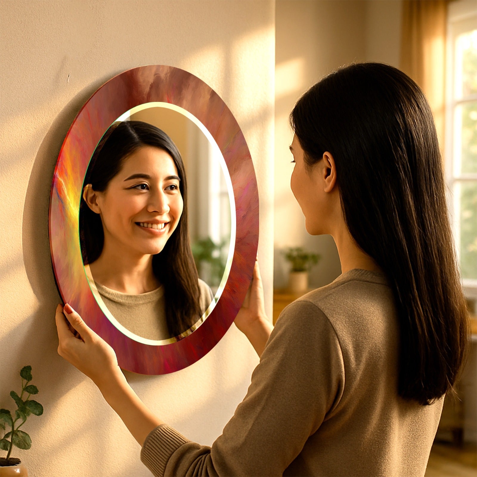 Elegant rectangular tempered glass mirror with UV printed bronze effect.