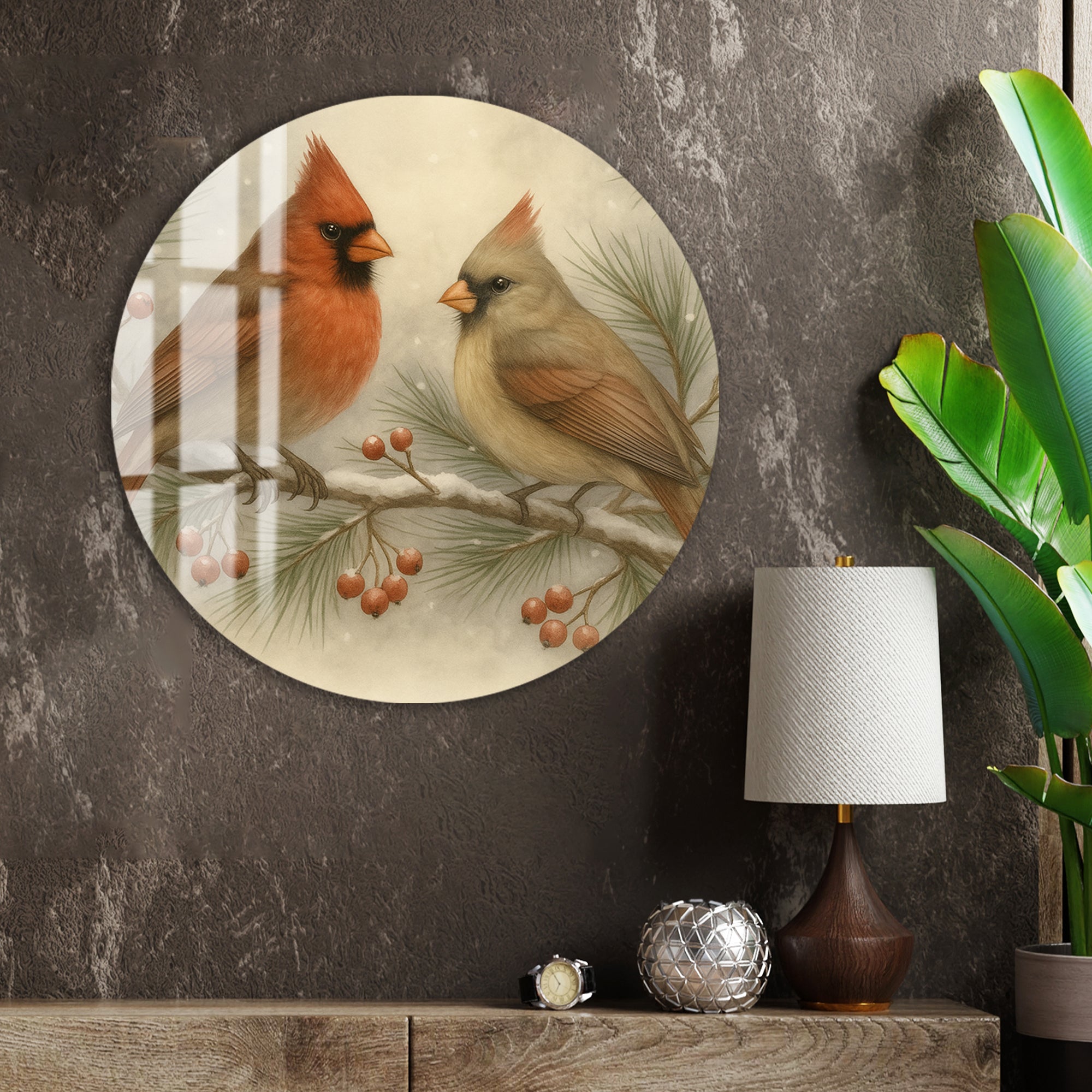 Elegant red and brown cardinals symbolizing love and nature.
