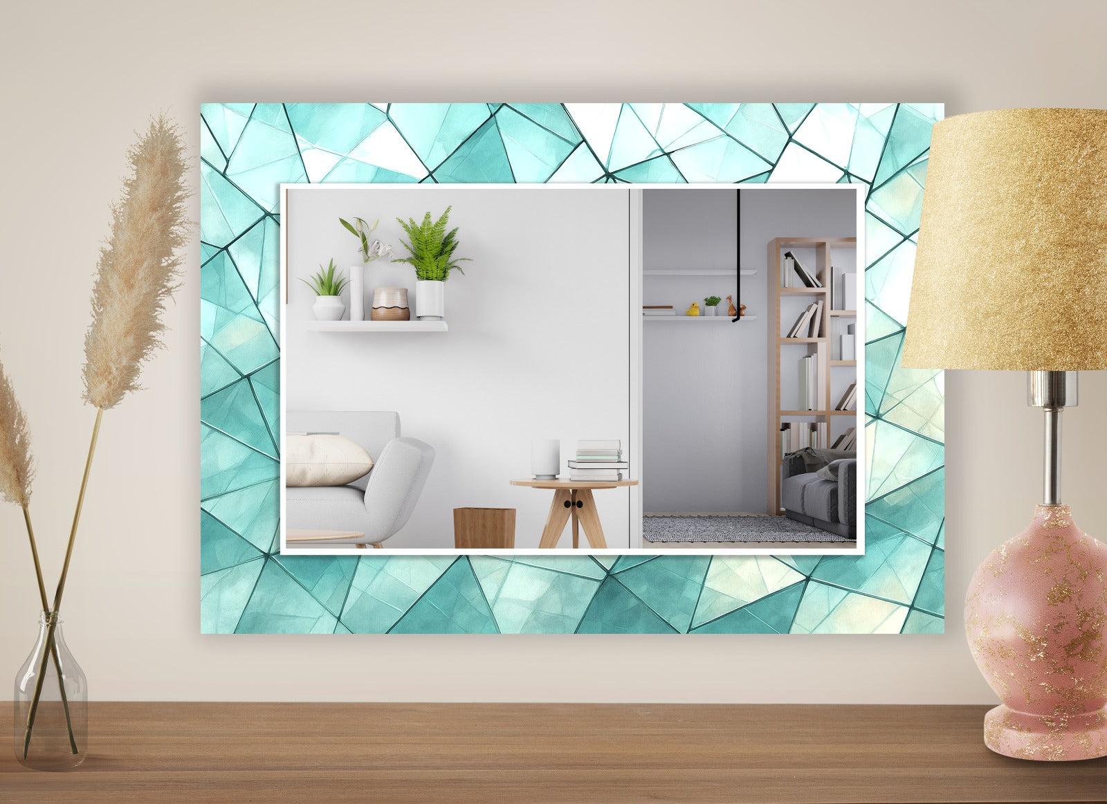 Geometric blue UV printed glass mirror, stylish decorative wall mirror design.
