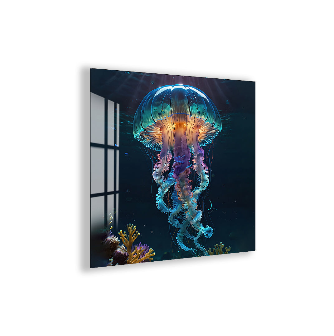 Glowing jellyfish glass artwork with vibrant underwater details.