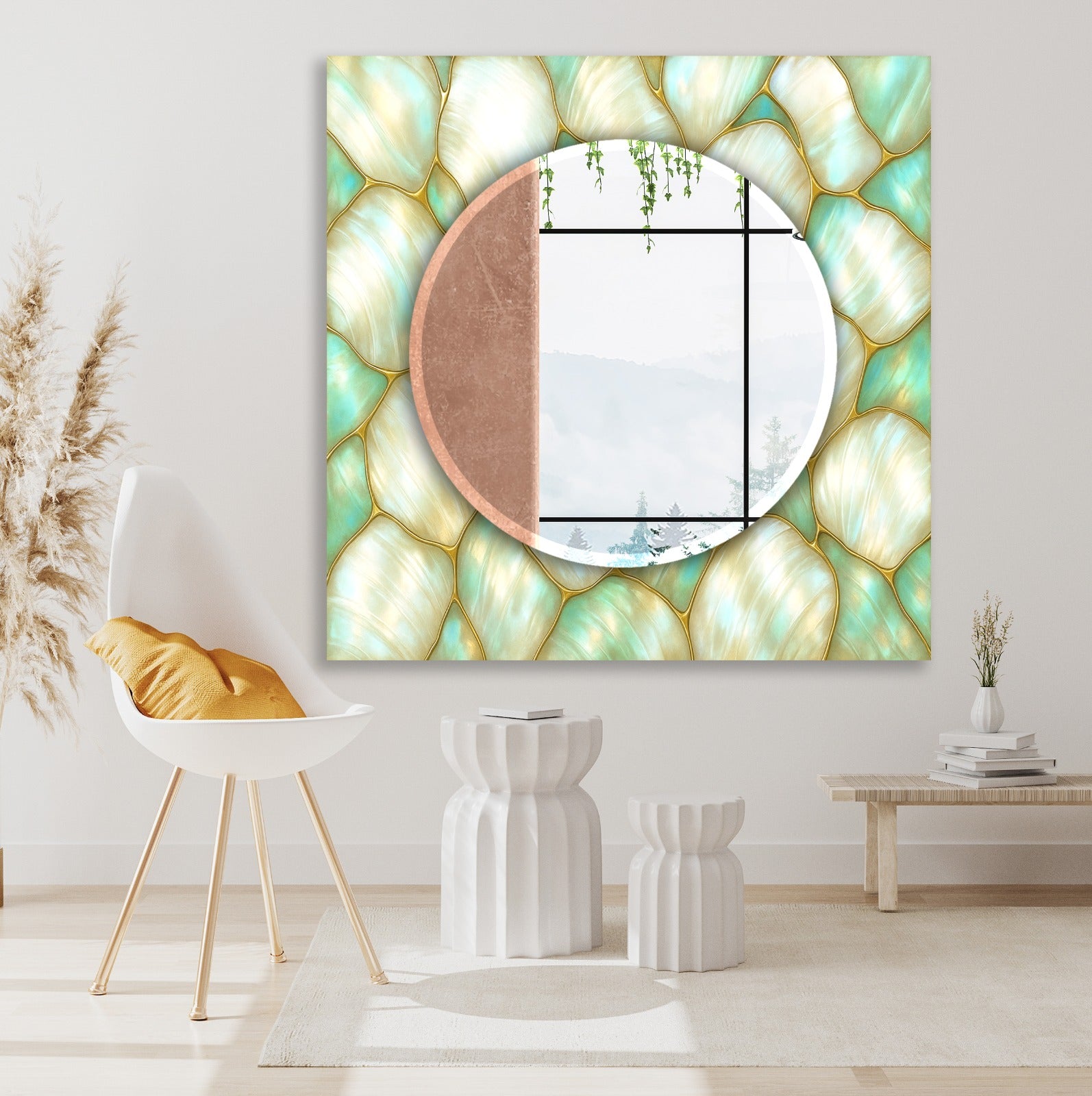 Golden leaf pattern tempered glass mirror with UV printed design, modern wall art for living rooms.