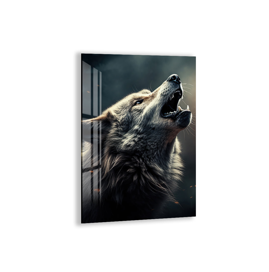 Howling wolf glass wall art with forest background