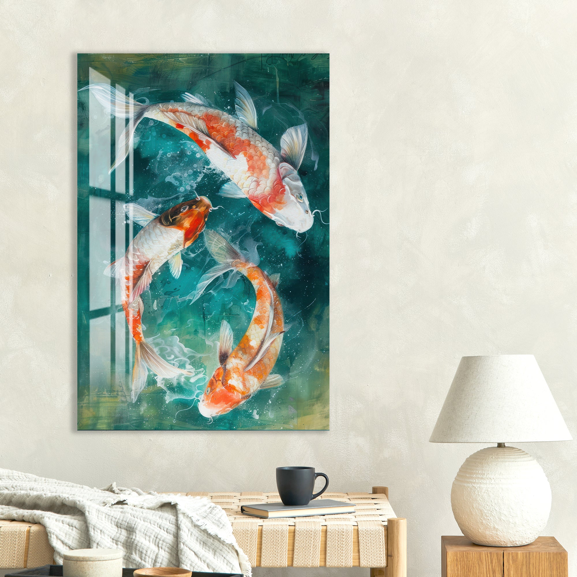 Japanese koi fish with floral accents in tempered glass decor.