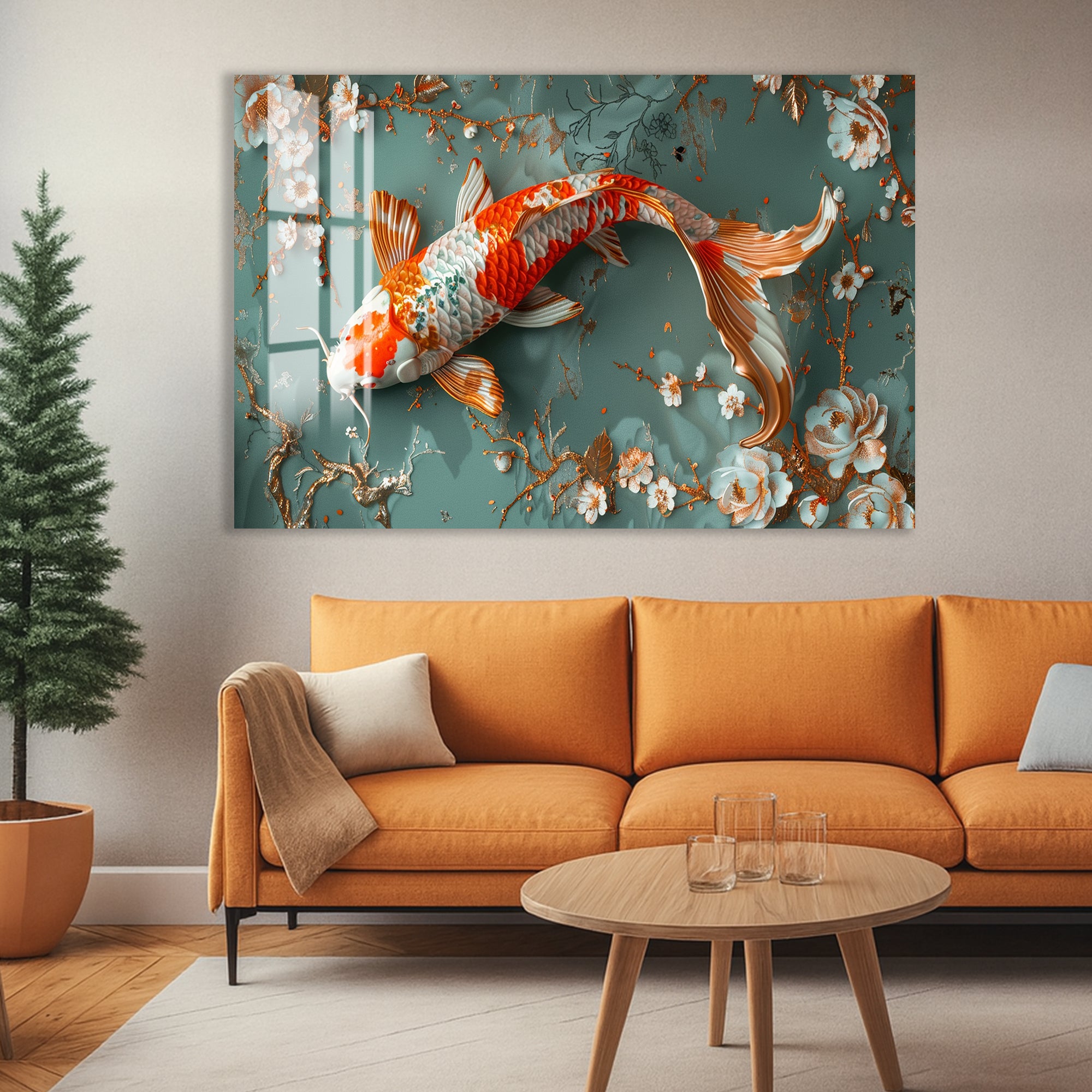 Japanese style orange koi fish artwork on tempered glass