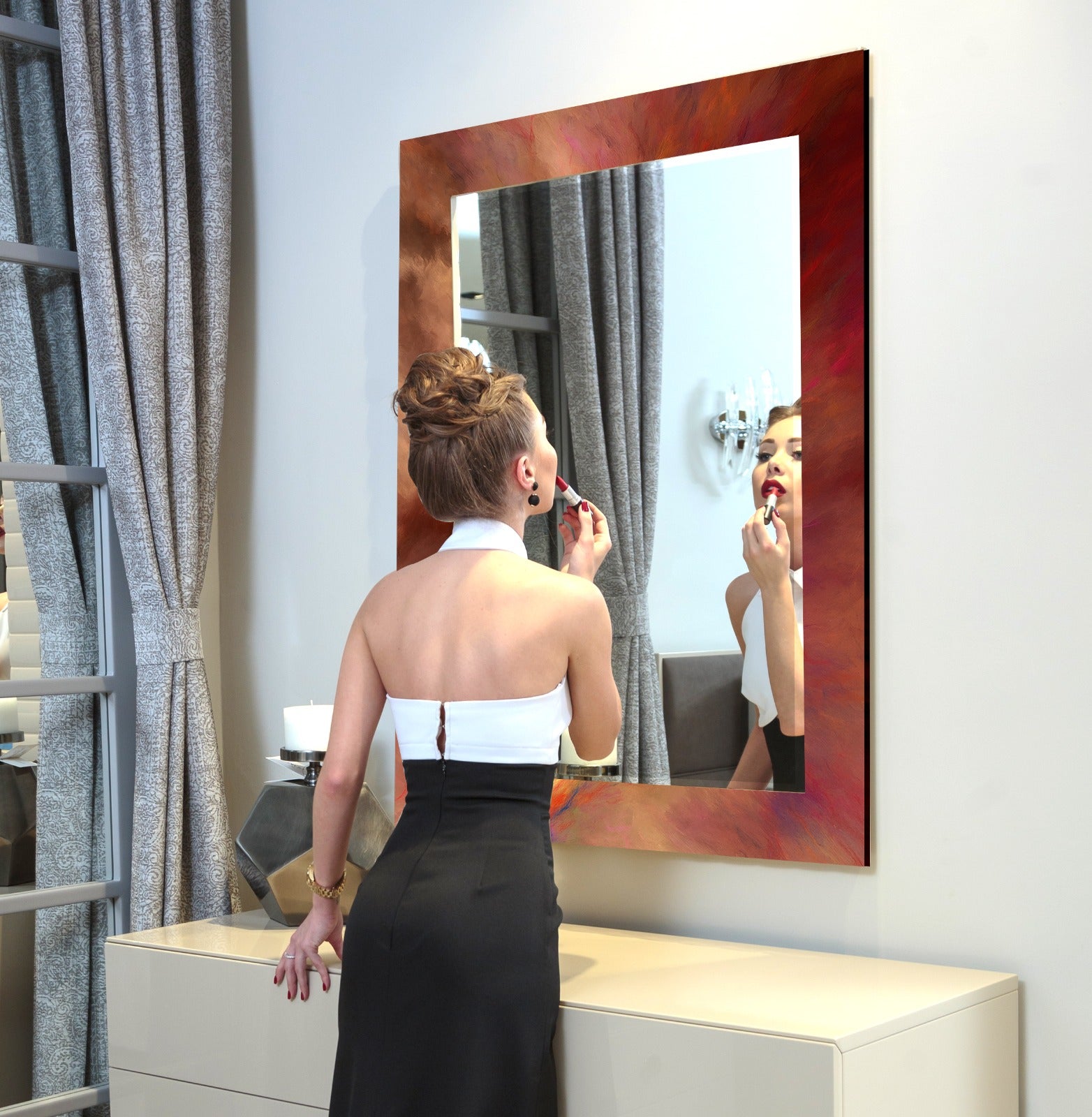 Luxury bronze red glass mirror, elegant rectangular design for bedroom or living room.