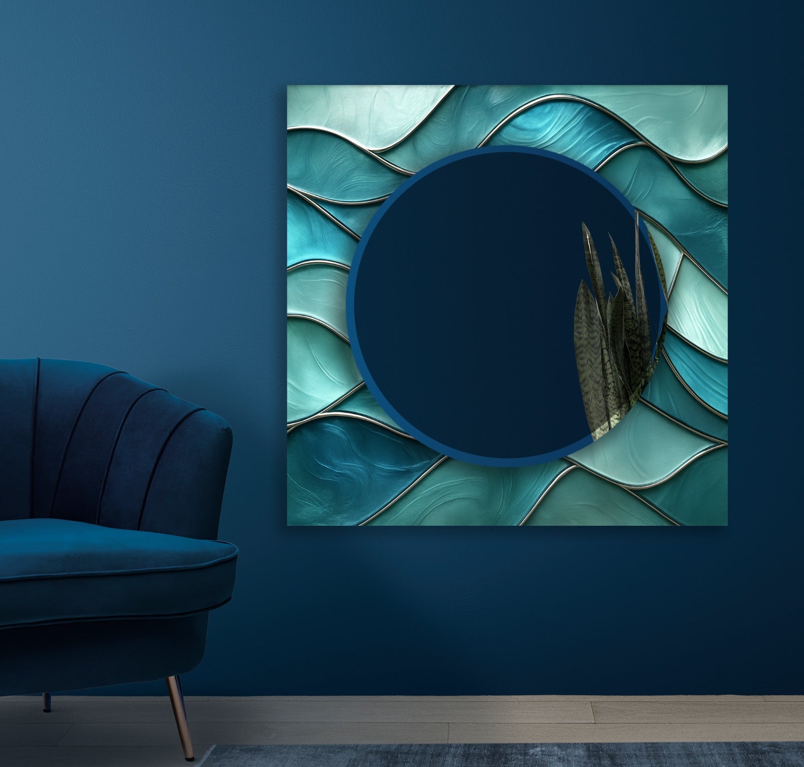 Luxury decorative glass mirror featuring abstract blue wave artwork, stylish wall decor.