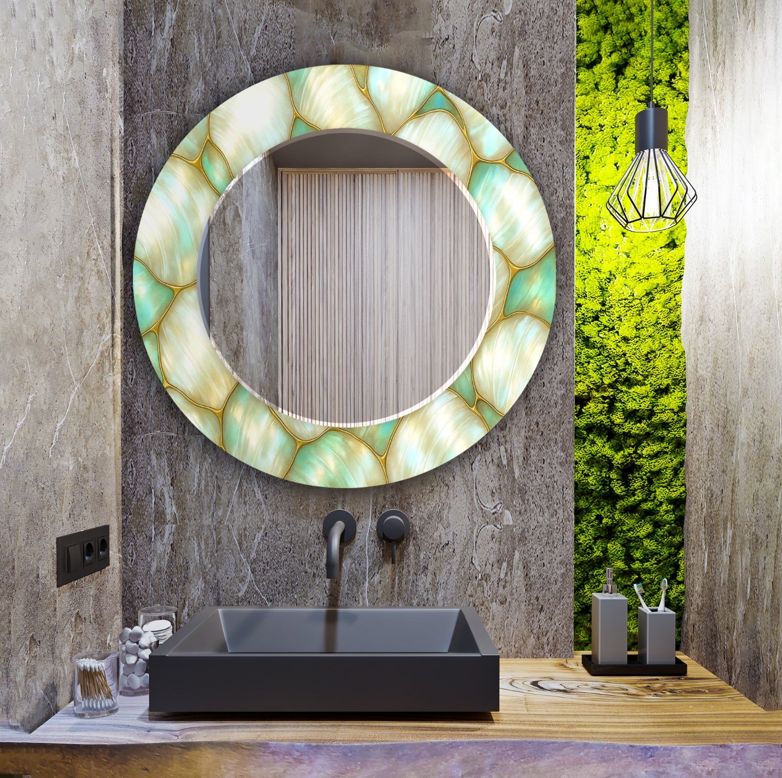 Luxury decorative glass mirror with golden leaf UV printing, statement wall art piece.