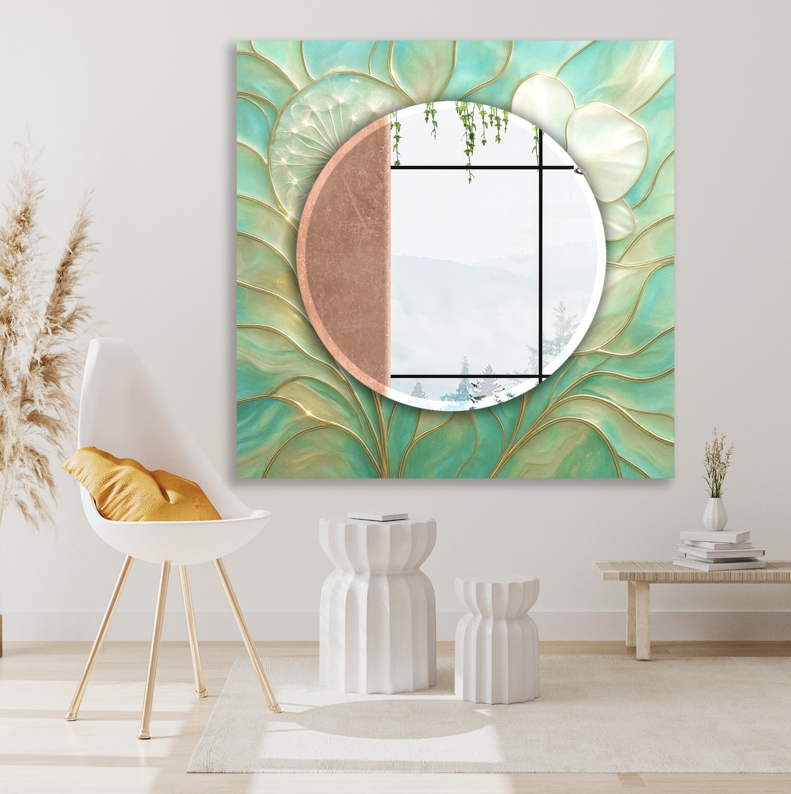 Luxury decorative wall mirror featuring teal and gold leaf motif, artistic glass artwork.
