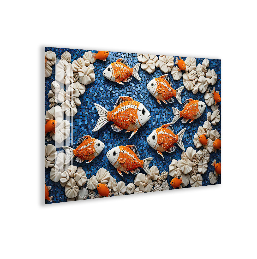 Luxury glass wall art featuring colorful koi design