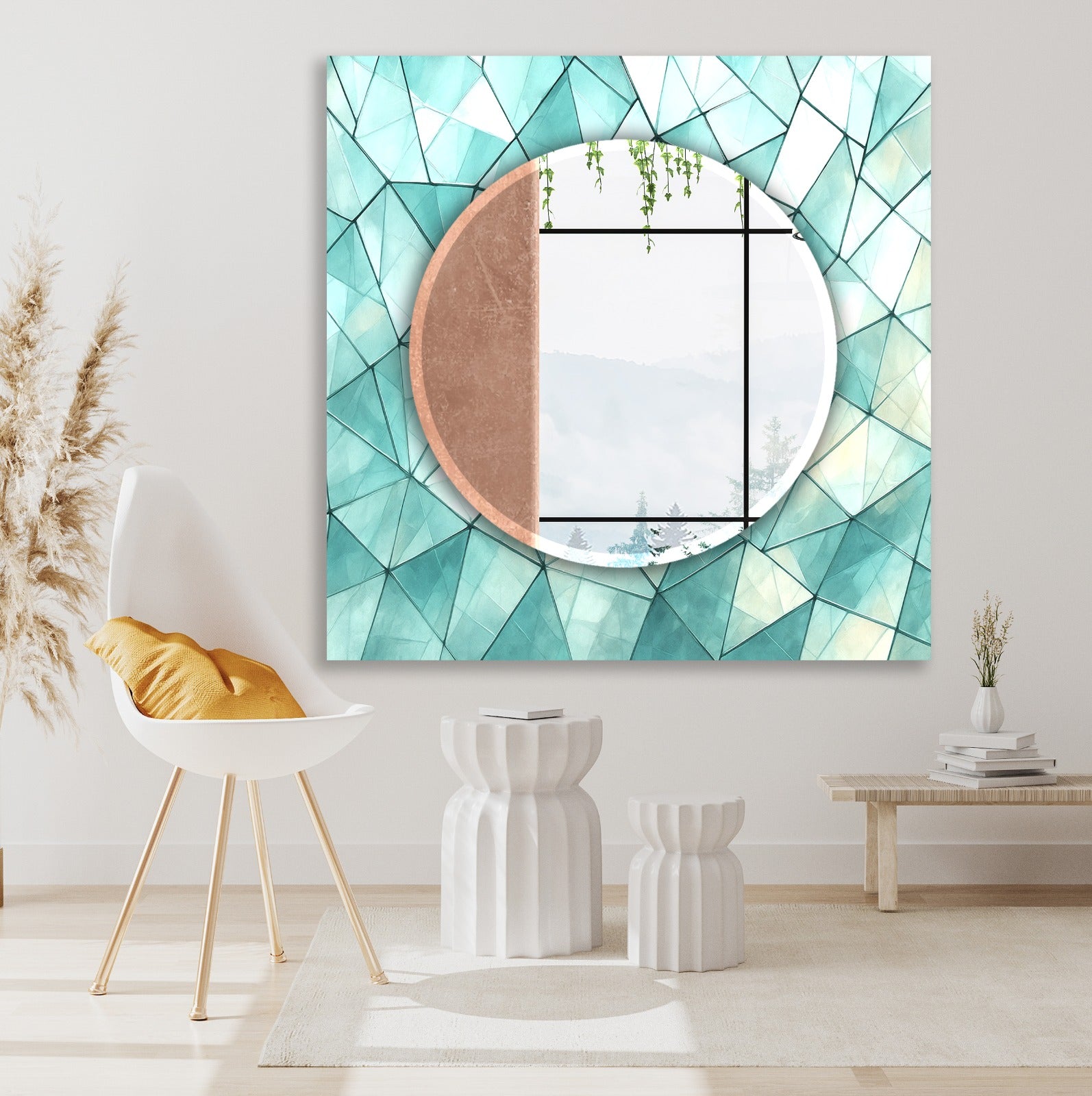 Luxury oval tempered glass mirror with abstract blue pattern, contemporary wall decor.