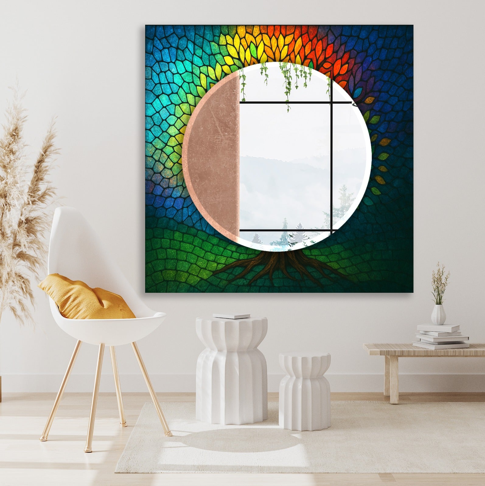 Luxury rainbow tempered glass mirror, perfect for modern or boho interior decoration.