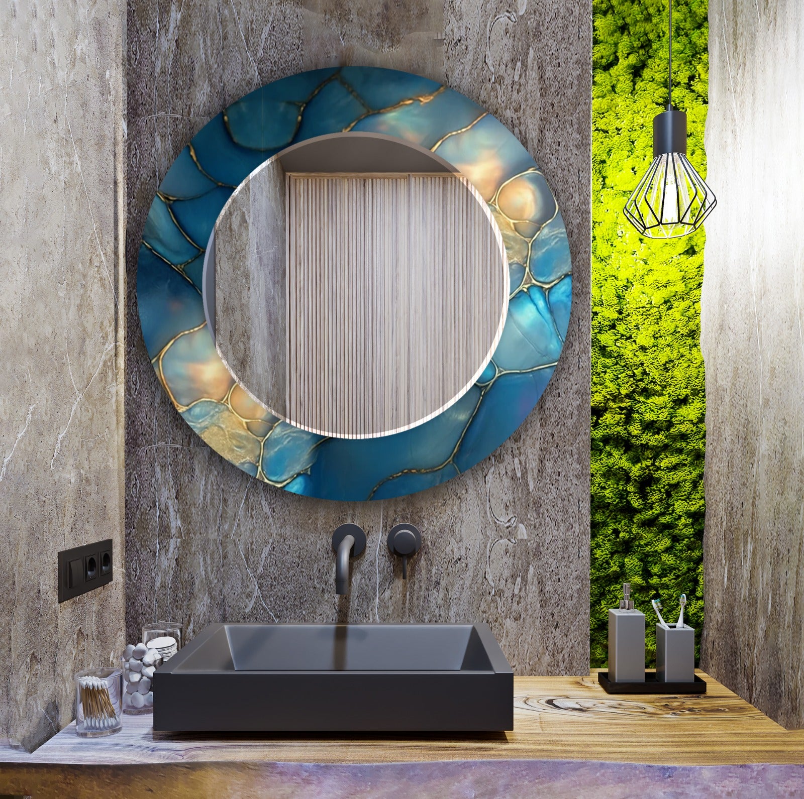 Rectangular tempered glass mirror with blue agate stone pattern, UV printed modern wall art.