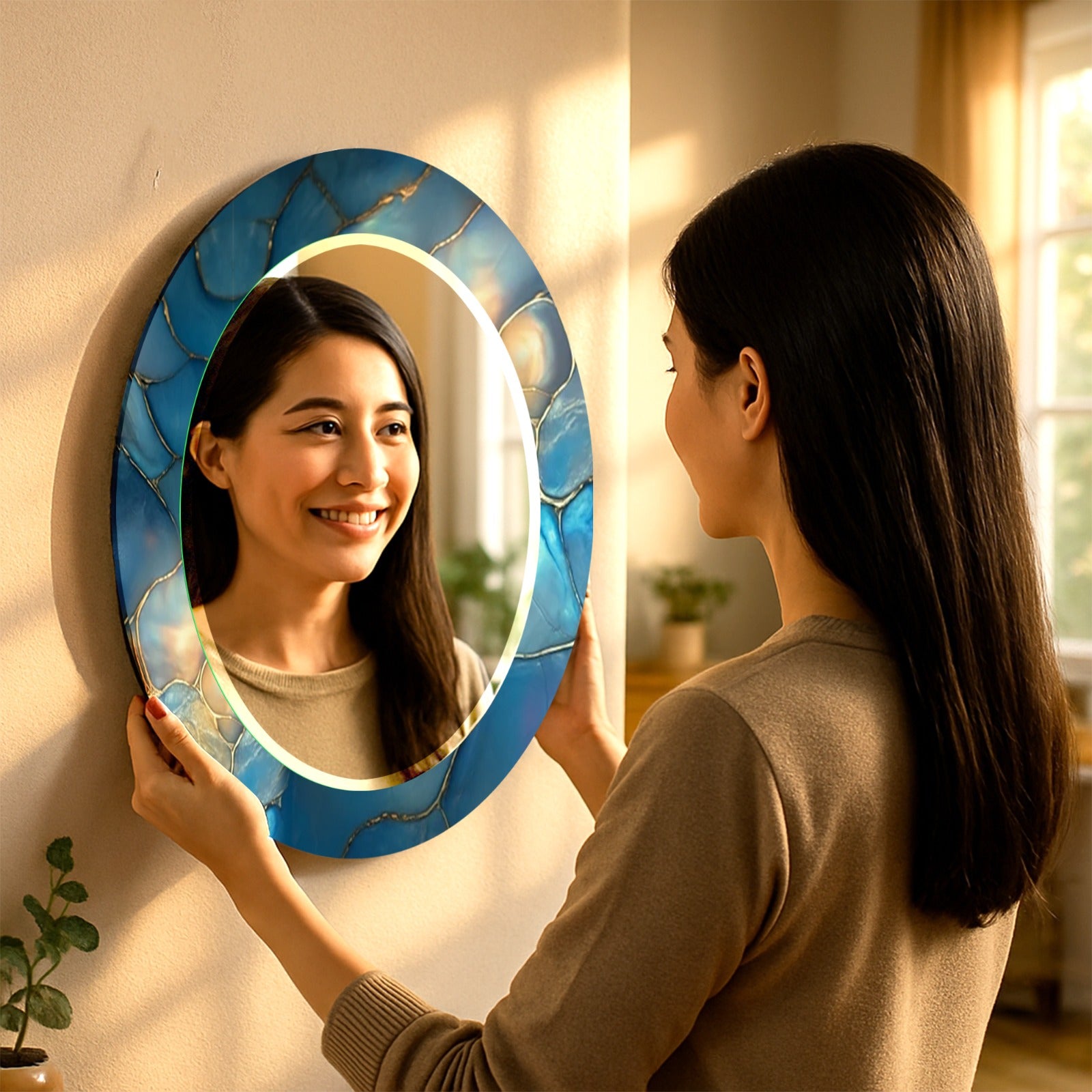 Modern decorative glass mirror with blue agate effect, perfect for contemporary interiors.