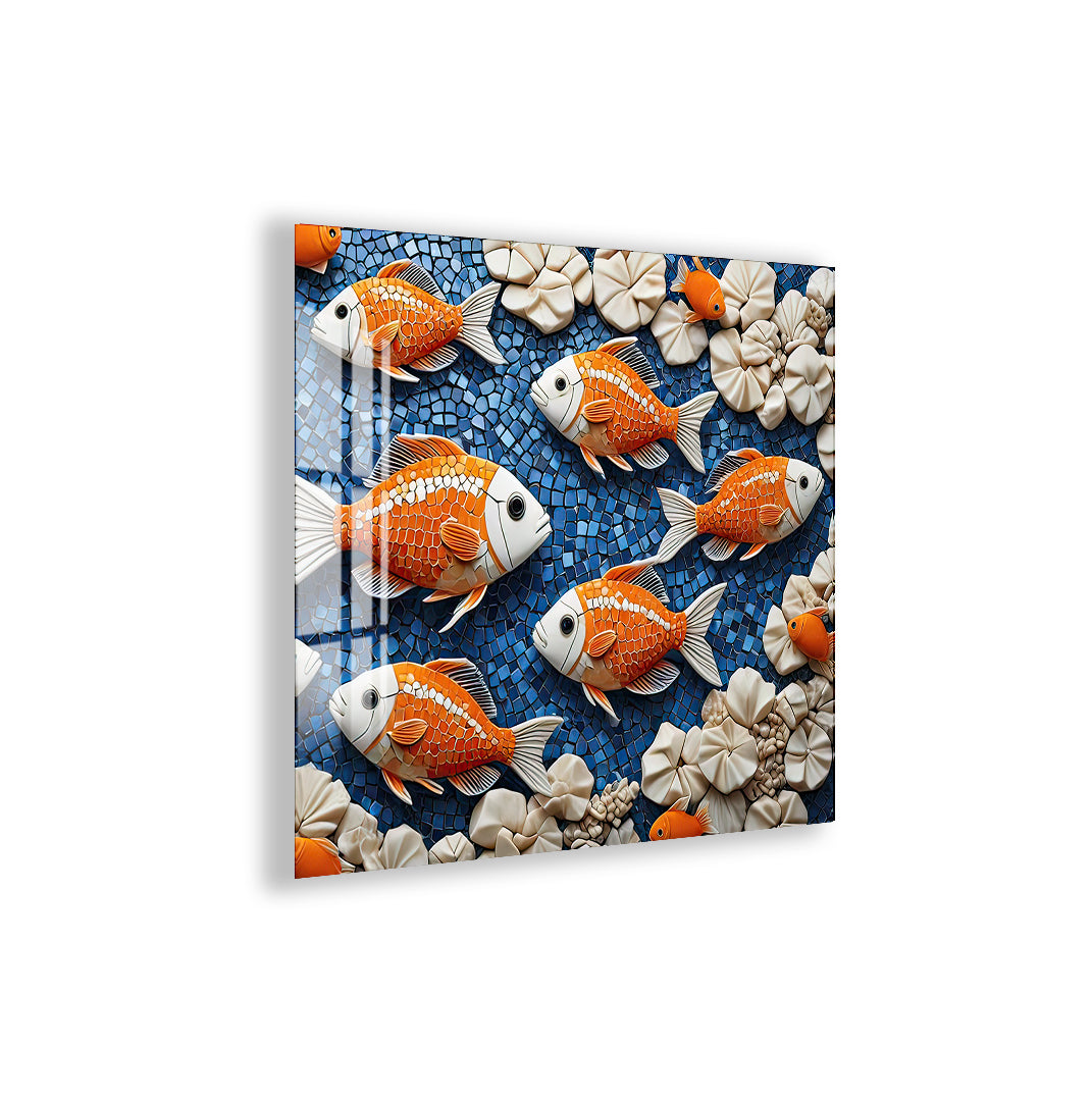 Modern aquatic koi wall decor with floral background