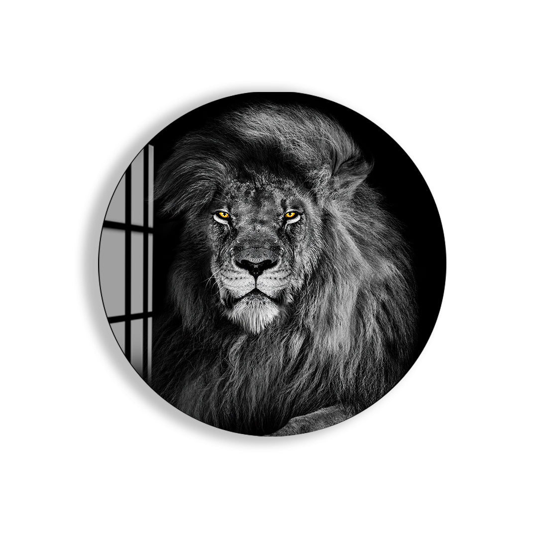 Modern glass wall art featuring a majestic lion in bold contrast.