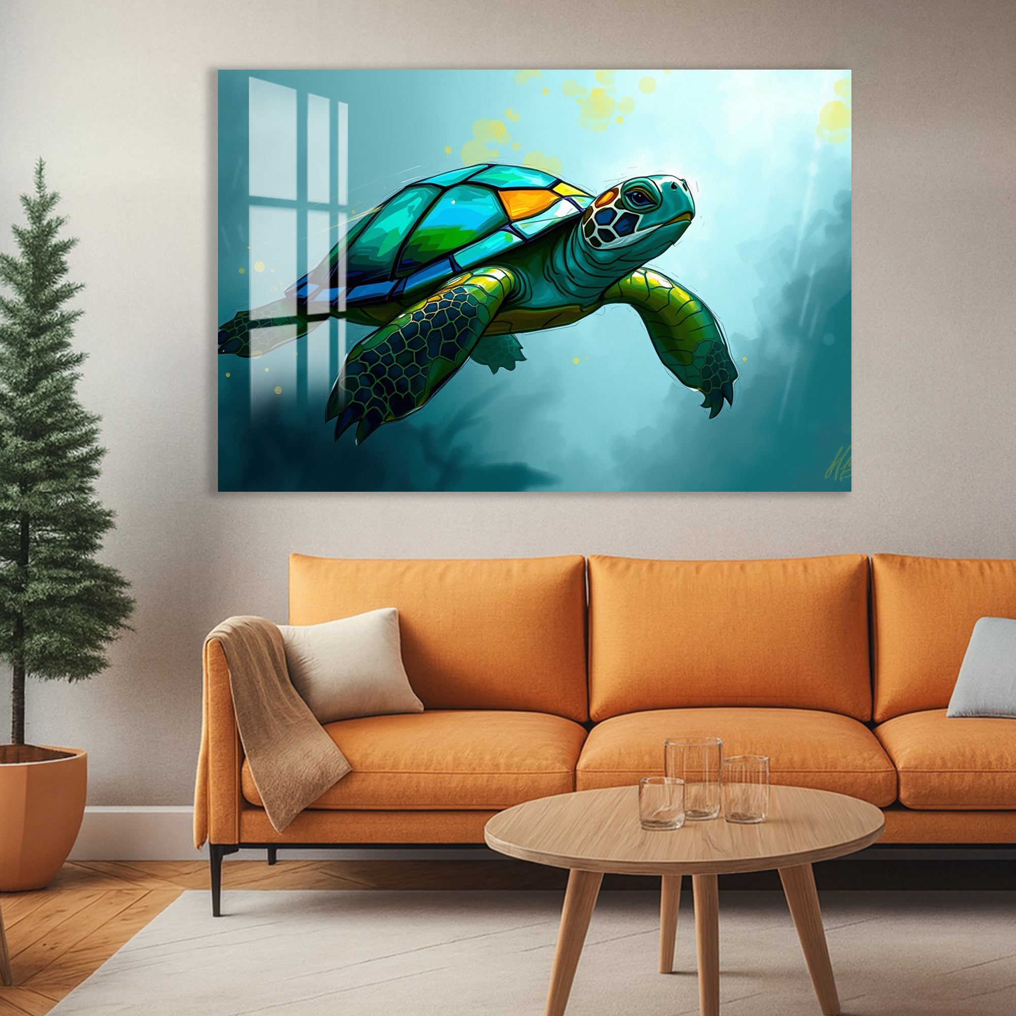 Modern underwater turtle illustration with vivid colors