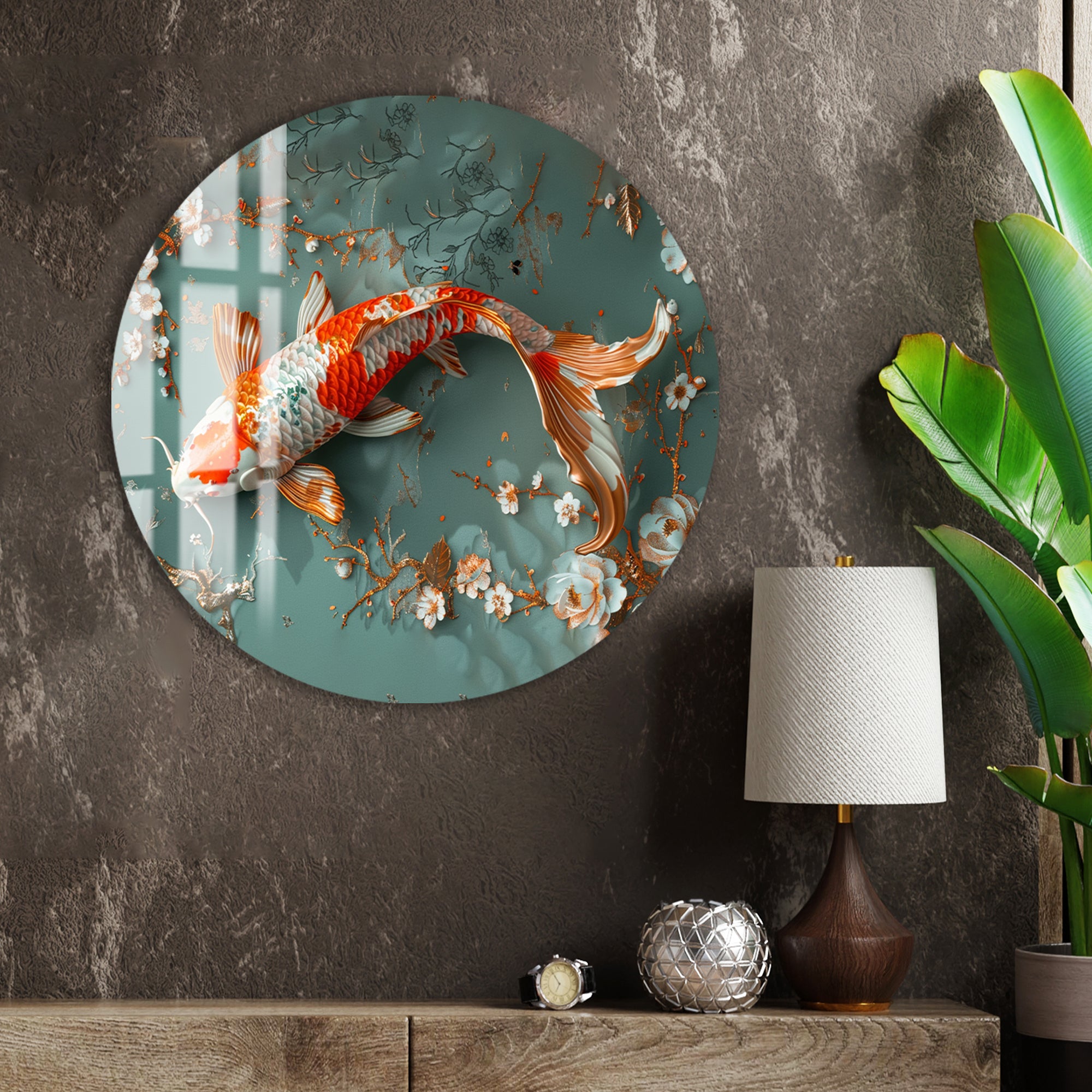 Oriental inspired koi fish art with blossoms background