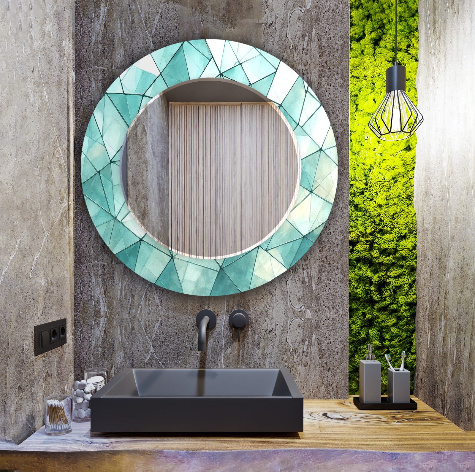 Oval tempered glass mirror with geometric blue pattern, modern UV printed wall art.