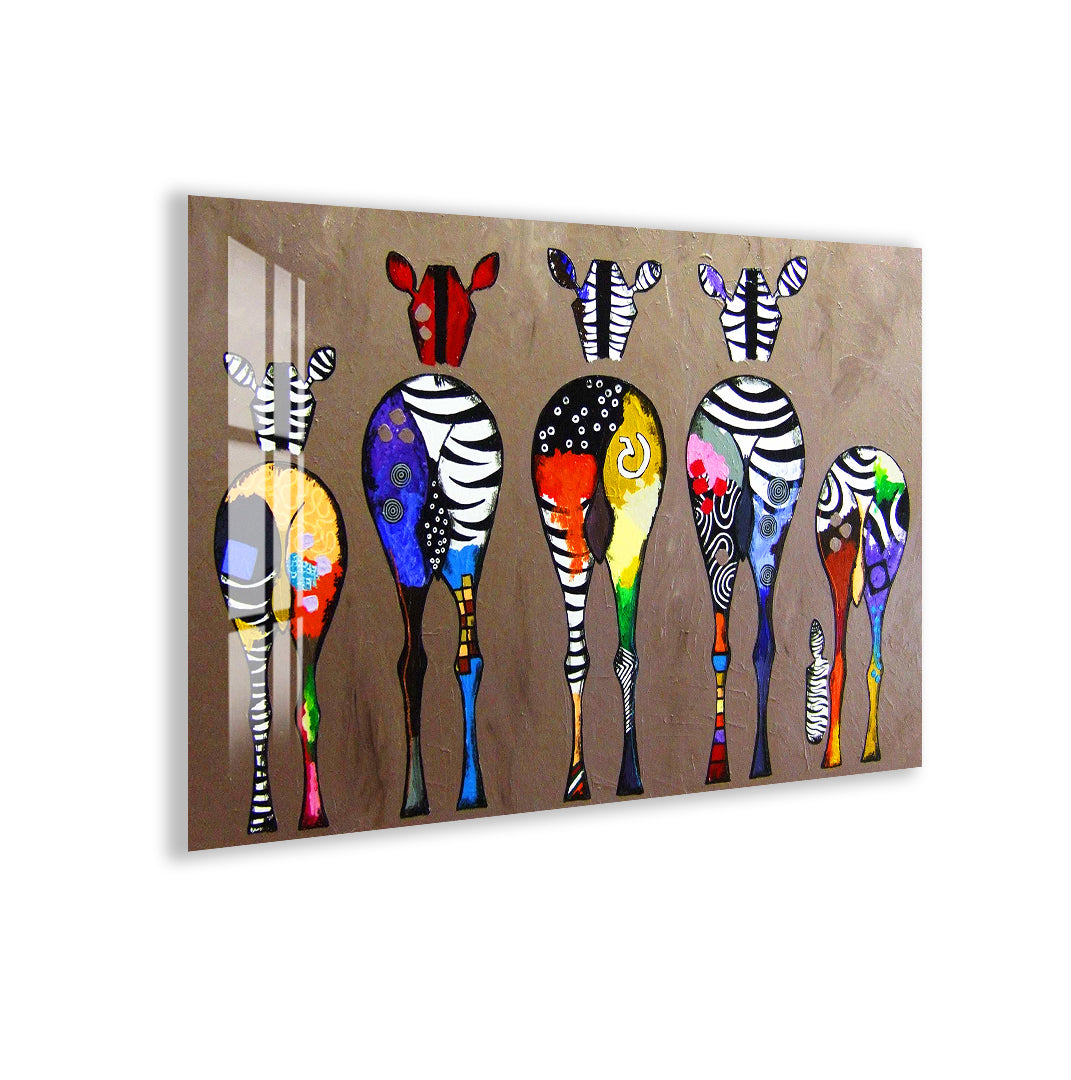 Playful and colorful abstract zebra artwork printed on glass.
