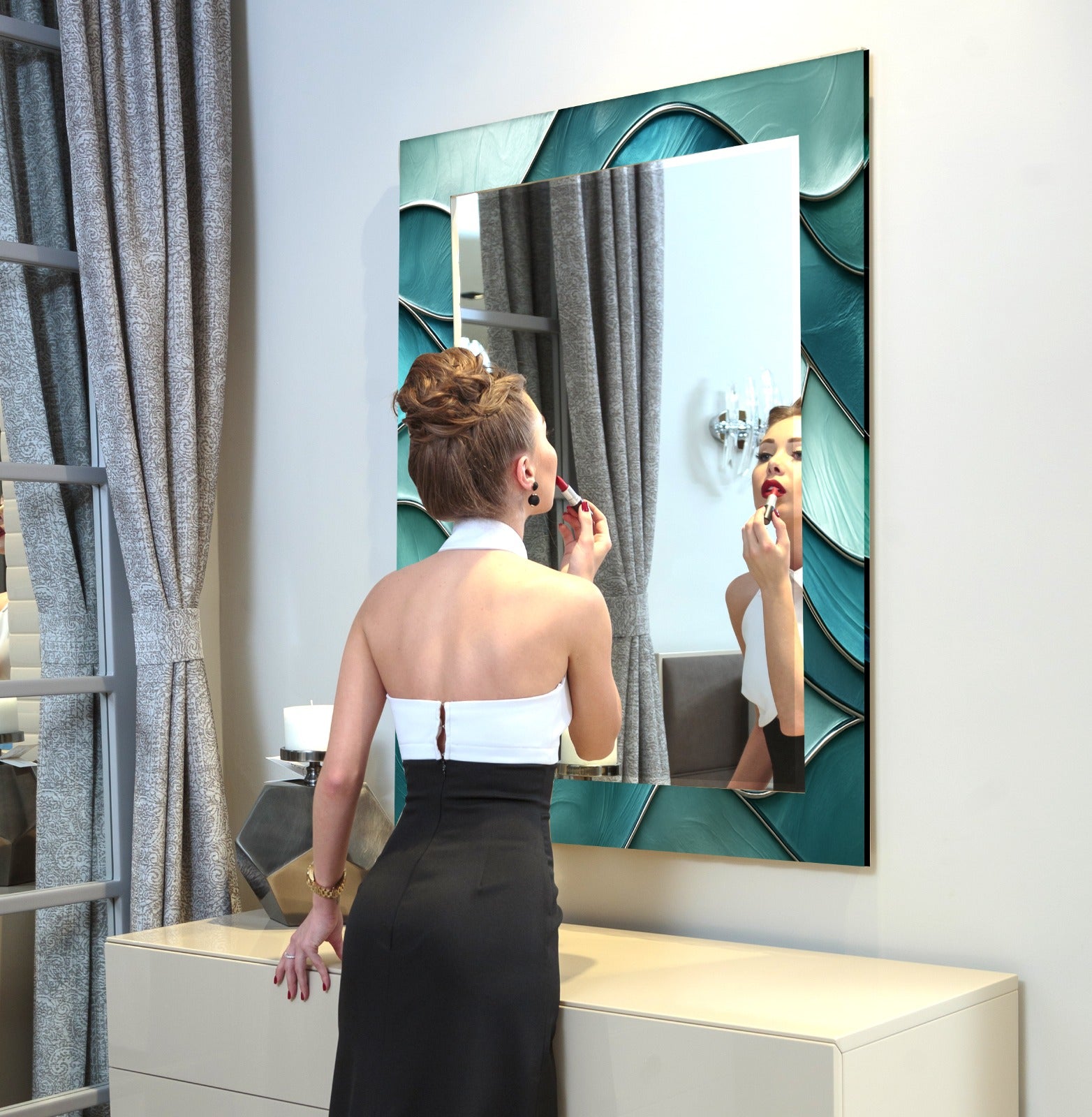 Rectangular tempered glass mirror with blue wave line pattern, modern UV printed design.
