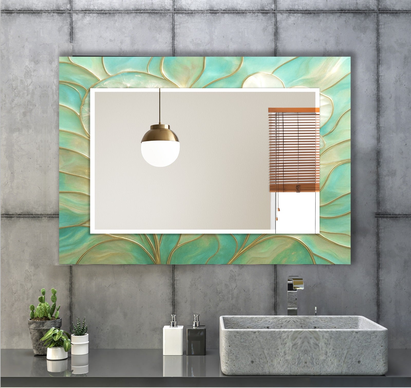 Rectangular tempered glass mirror with green and gold leaf pattern, modern UV printed design.