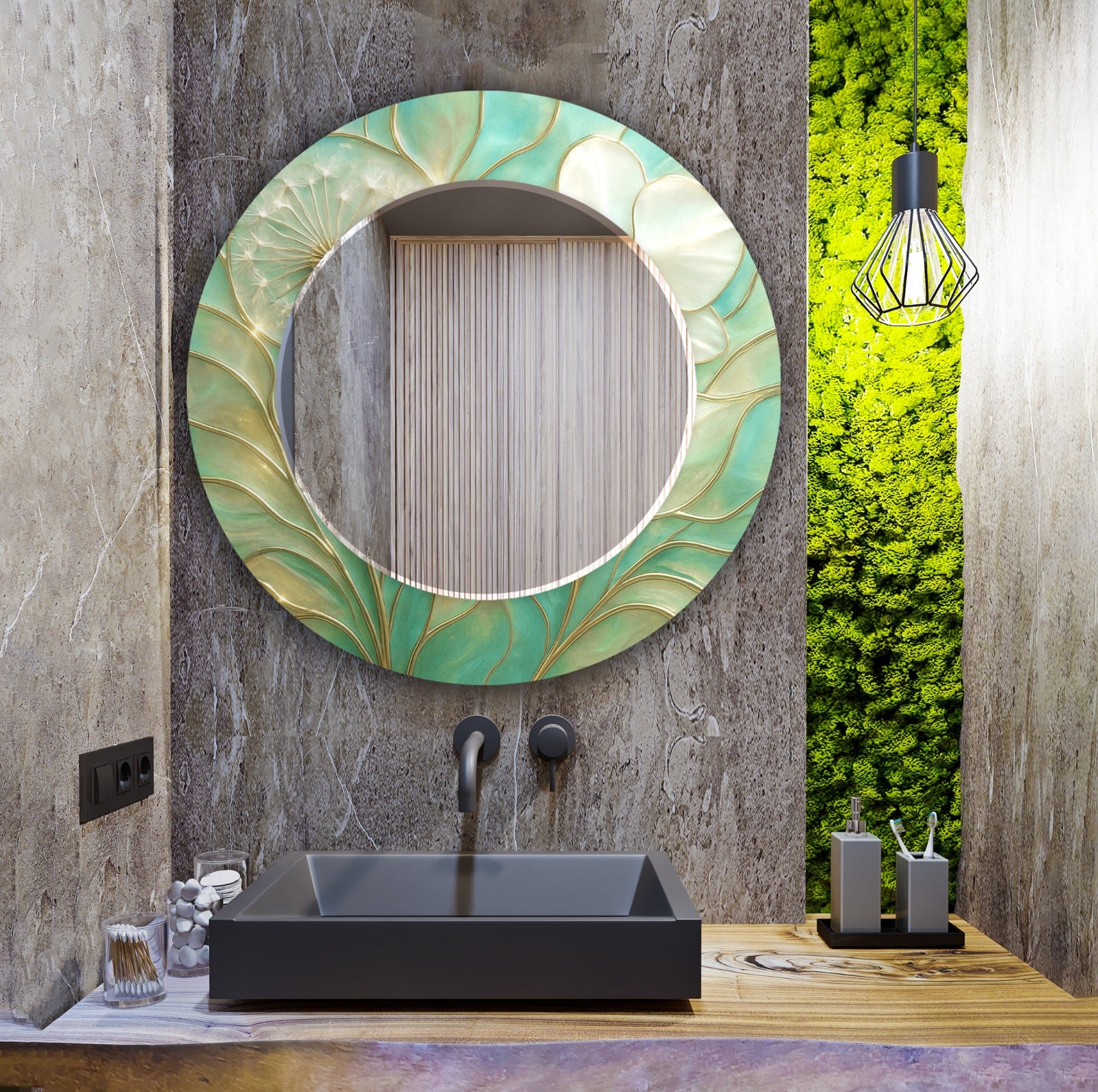 Rectangular tempered glass mirror with leaf-inspired frame, stylish home decoration.