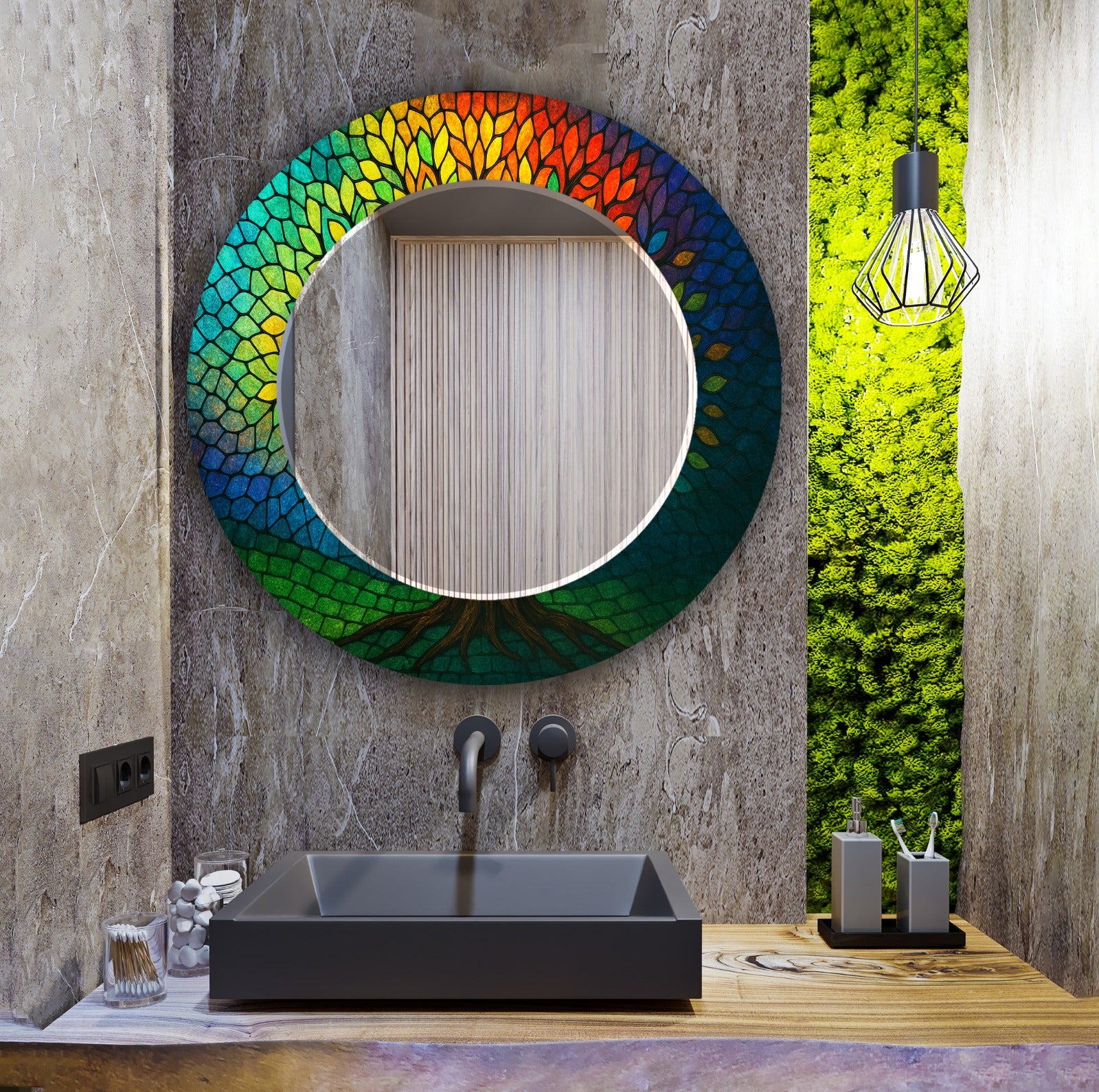 Rectangular tempered glass mirror with rainbow tree of life design, UV printed colorful wall art.
