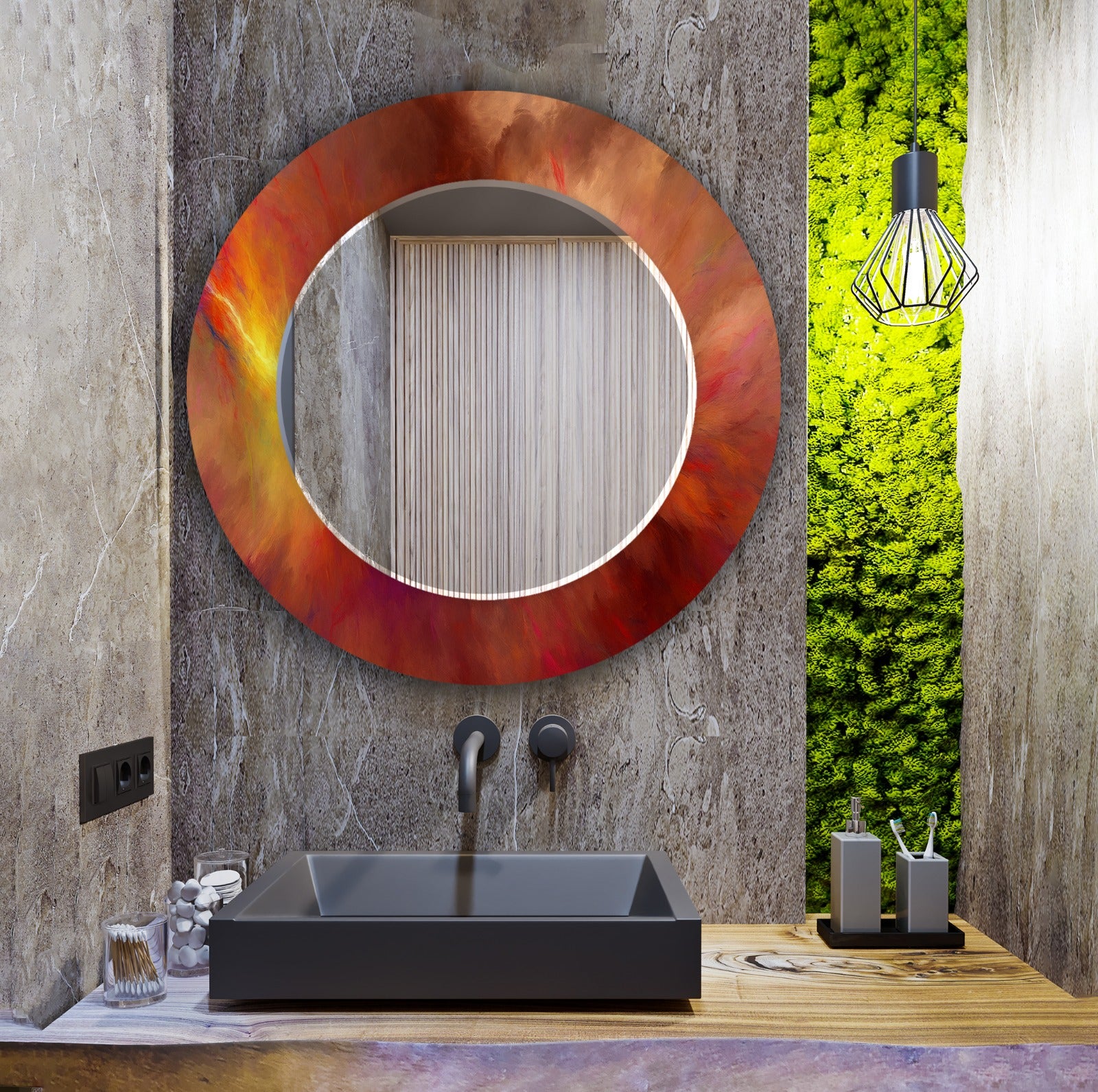 Rectangular tempered glass mirror with red bronze UV printed frame, modern wall decor.