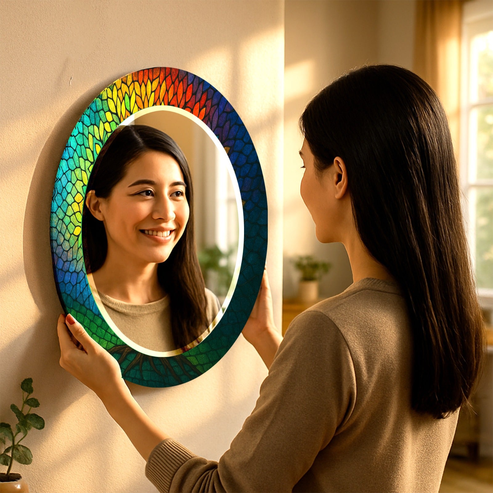 Spiritual and artistic tempered glass mirror with vibrant rainbow mosaic effect.