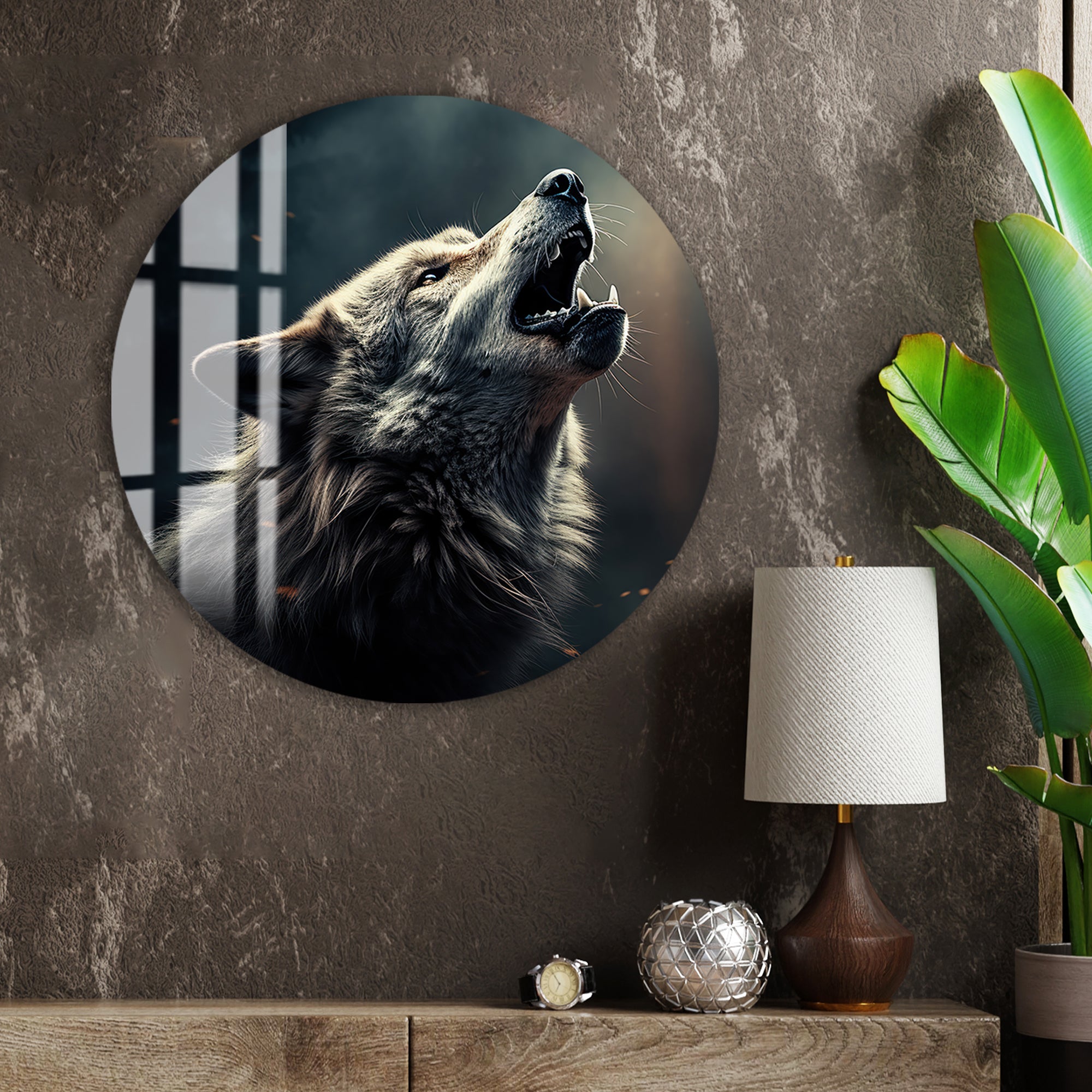 Stylish wolf glass art with dark wilderness theme
