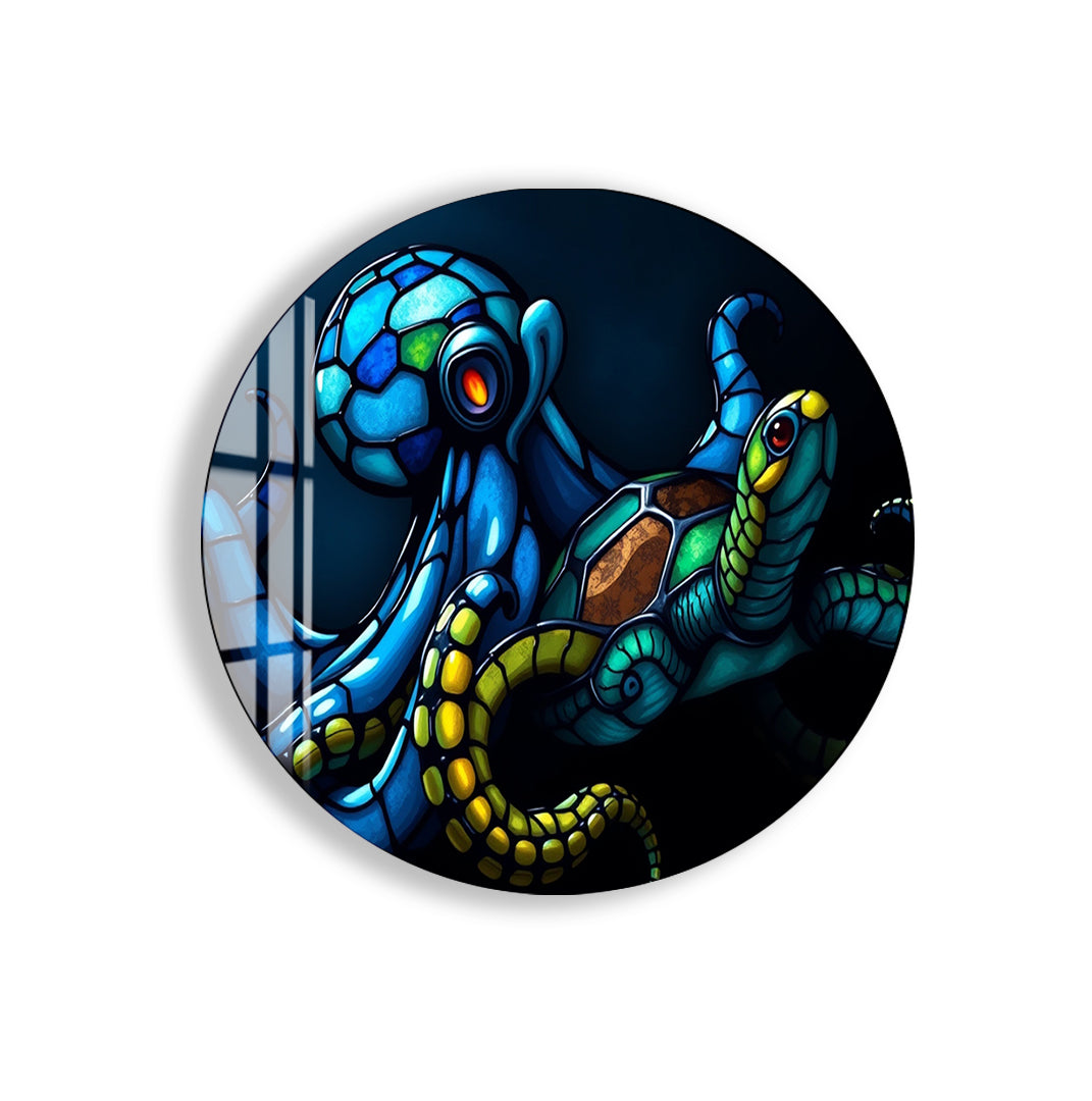 Unique glass print featuring underwater animals with modern flair.