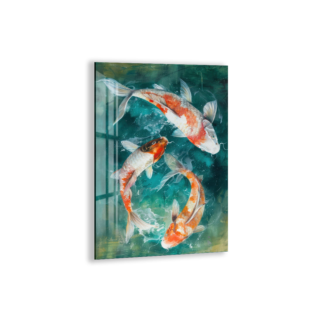 Vibrant orange-white koi swimming gracefully on glass art.