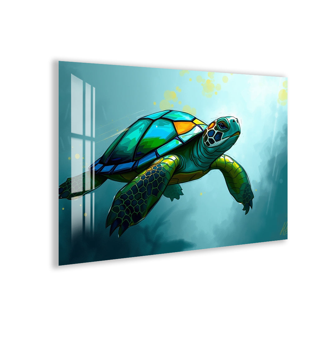 Vibrant sea turtle glass wall art in ocean blue tones