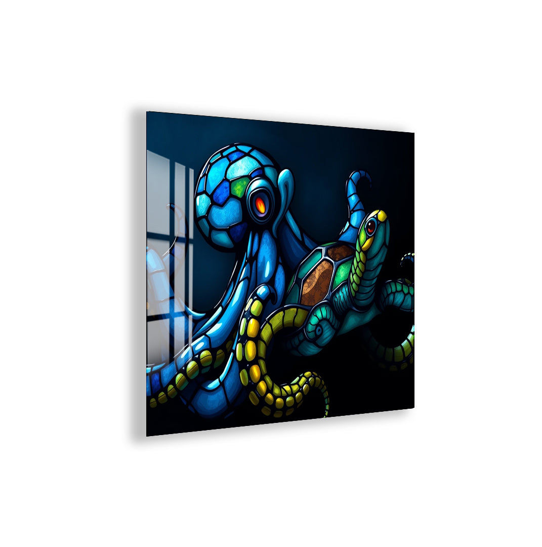 Vivid octopus and turtle artwork with a stained-glass style design.