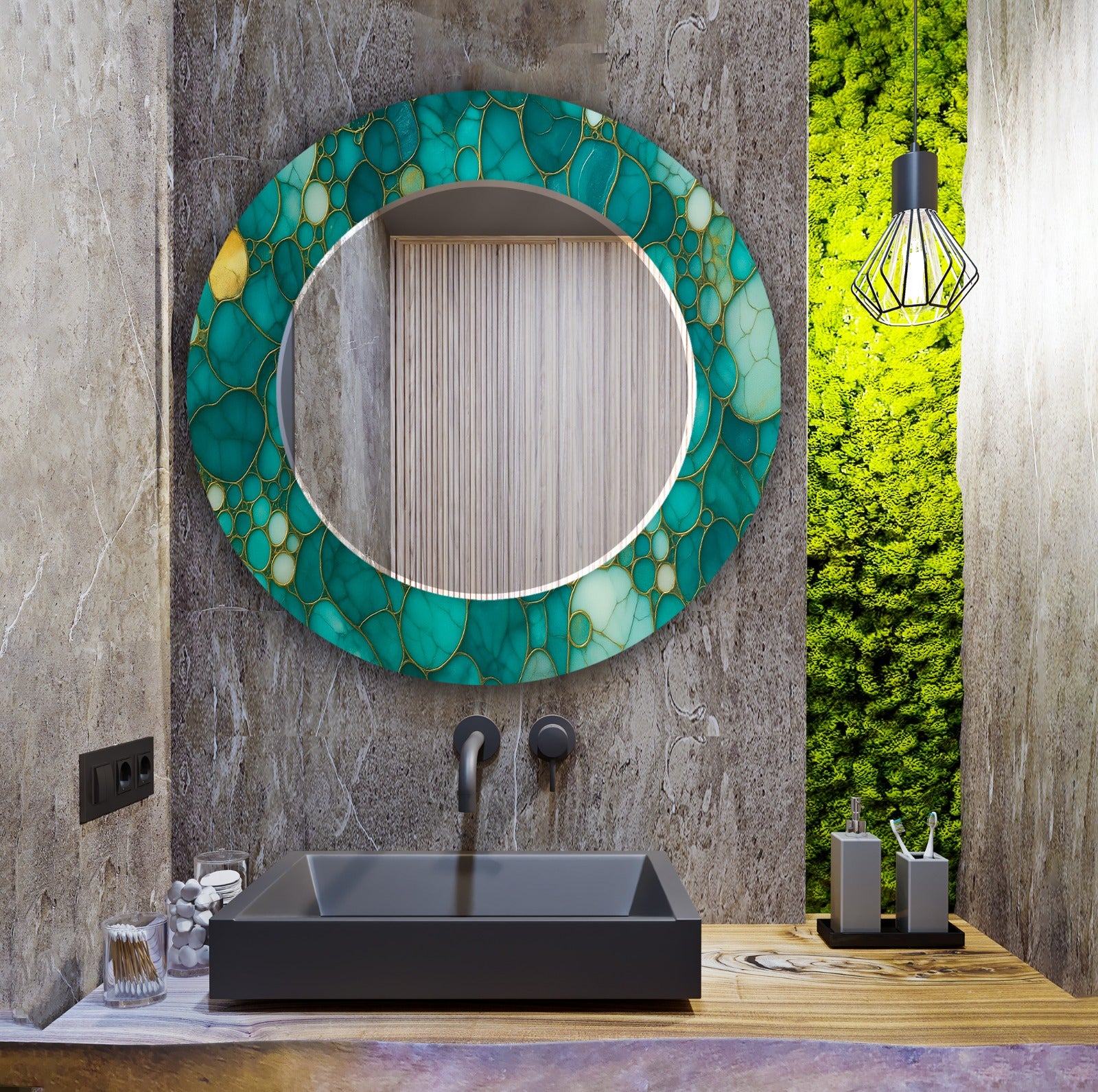 Blue Leaf Pattern Tempered Glass Mirror – Modern UV Printed Wall Art Design