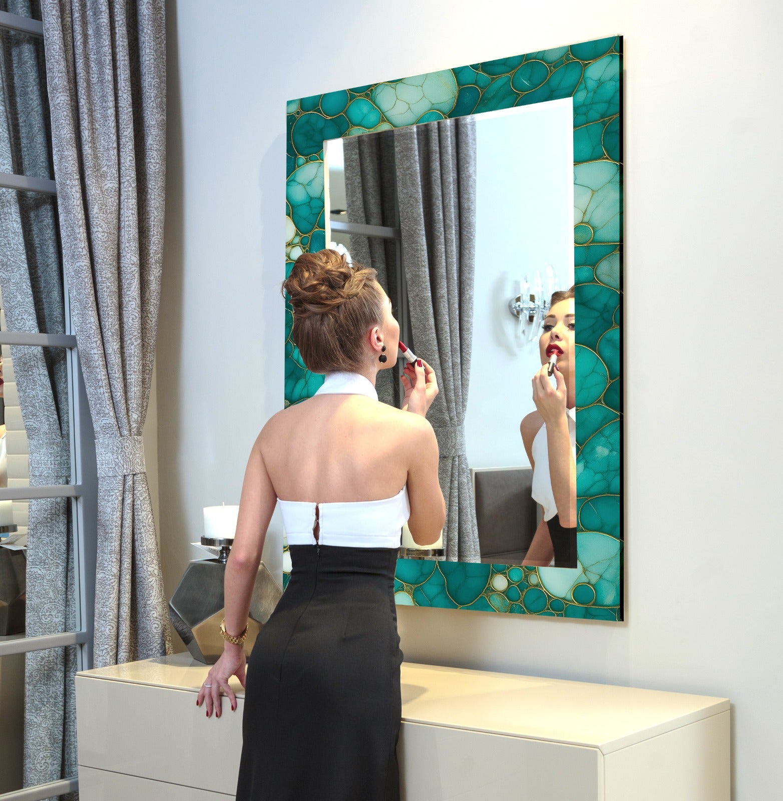 Turquoise Tempered Glass Mirror – Modern UV Printed Wall Art with Elegant Design