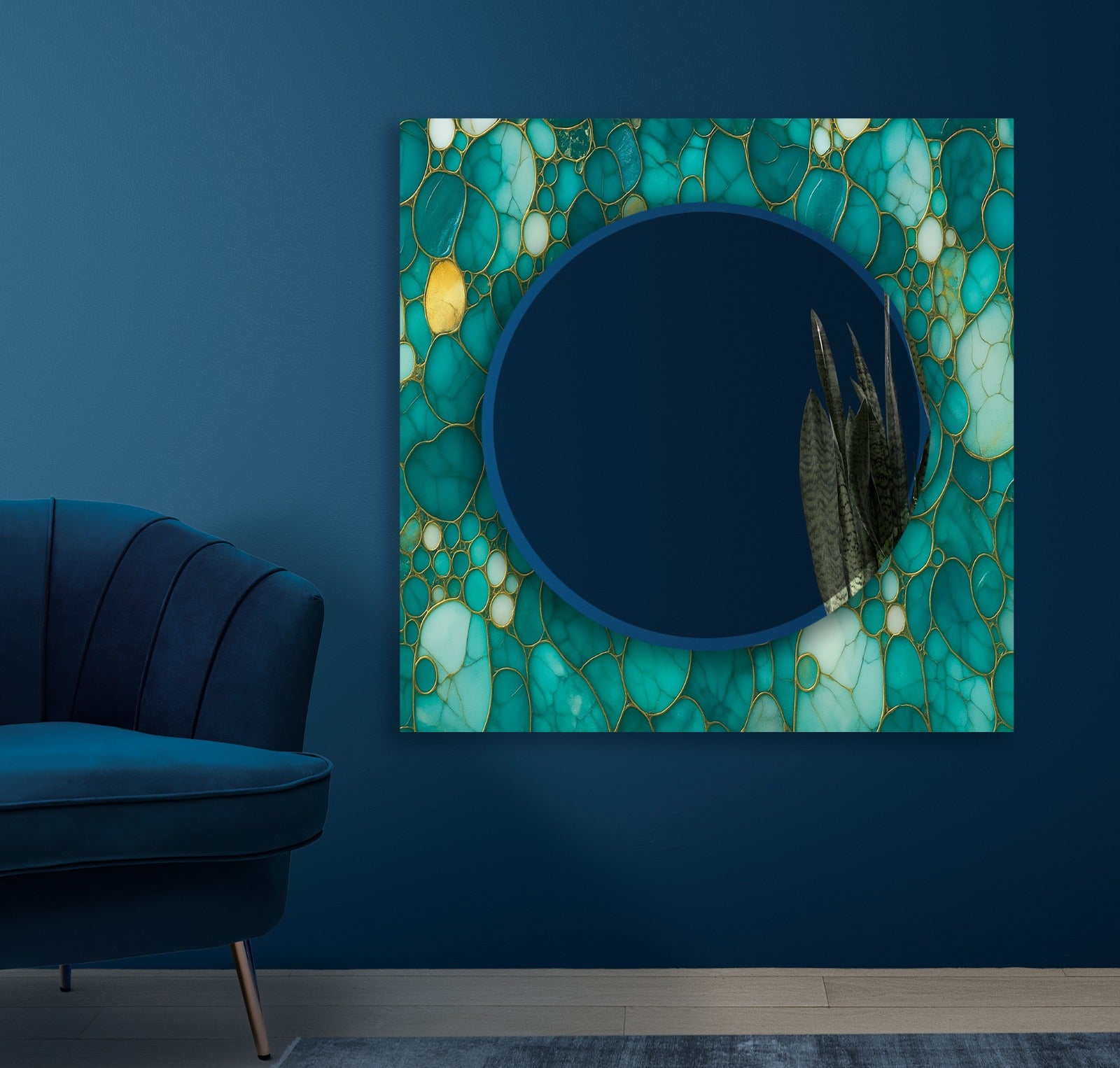 Blue Leaf Pattern Tempered Glass Mirror – Modern UV Printed Wall Art Design
